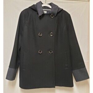 Nautica Women’s Wool Blend Hooded Peacoat Black Gray Trim XL NWOT Warm Winter